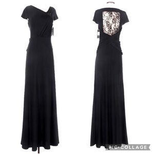 NWT Posh Couture Black Lace Ruch Asymmetrical Neckline Beaded Gown Black Size 4
